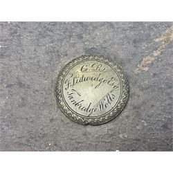 19th century leather suitcase, with brass plaque to cover engraved 'C R F Lutwidge Esq', the pink silk and white kid leather interior with pouch and edging impressed with gilt lettering reading 'By Appointment of Prince of Wales J W Allen 37 Strand Maker Prize Medal Awarded', H21cm, W73cm, Notes: Charles R. Fletcher Lutwidge, was mayor of Tunbridge Wells between 1895-1898, and again between 1901-1902