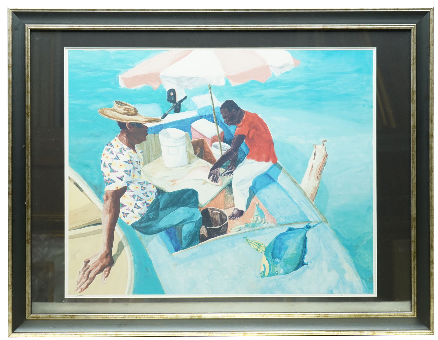 Tiffany Erwin Cant (American 1954-): 'Marketplace' and 'Men in the Boat', pair of limited edition colour lithographs signed and numbered 120/400 and 105/400, 51cm x 64cm (2)
