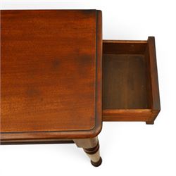 Mahogany living room furniture; mahogany console table and square upholstered mahogany stool, with hidden frieze drawer, raised on turned supports (Stool H 57cm, W 40cm)