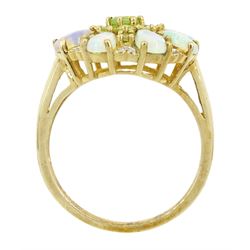 9ct gold pear cut opal and round cut peridot cluster ring, hallmarked