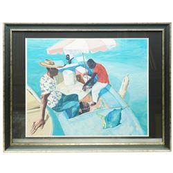 Tiffany Erwin Cant (American 1954-): 'Marketplace' and 'Men in the Boat', pair of limited edition colour lithographs signed and numbered 120/400 and 105/400, 51cm x 64cm (2)