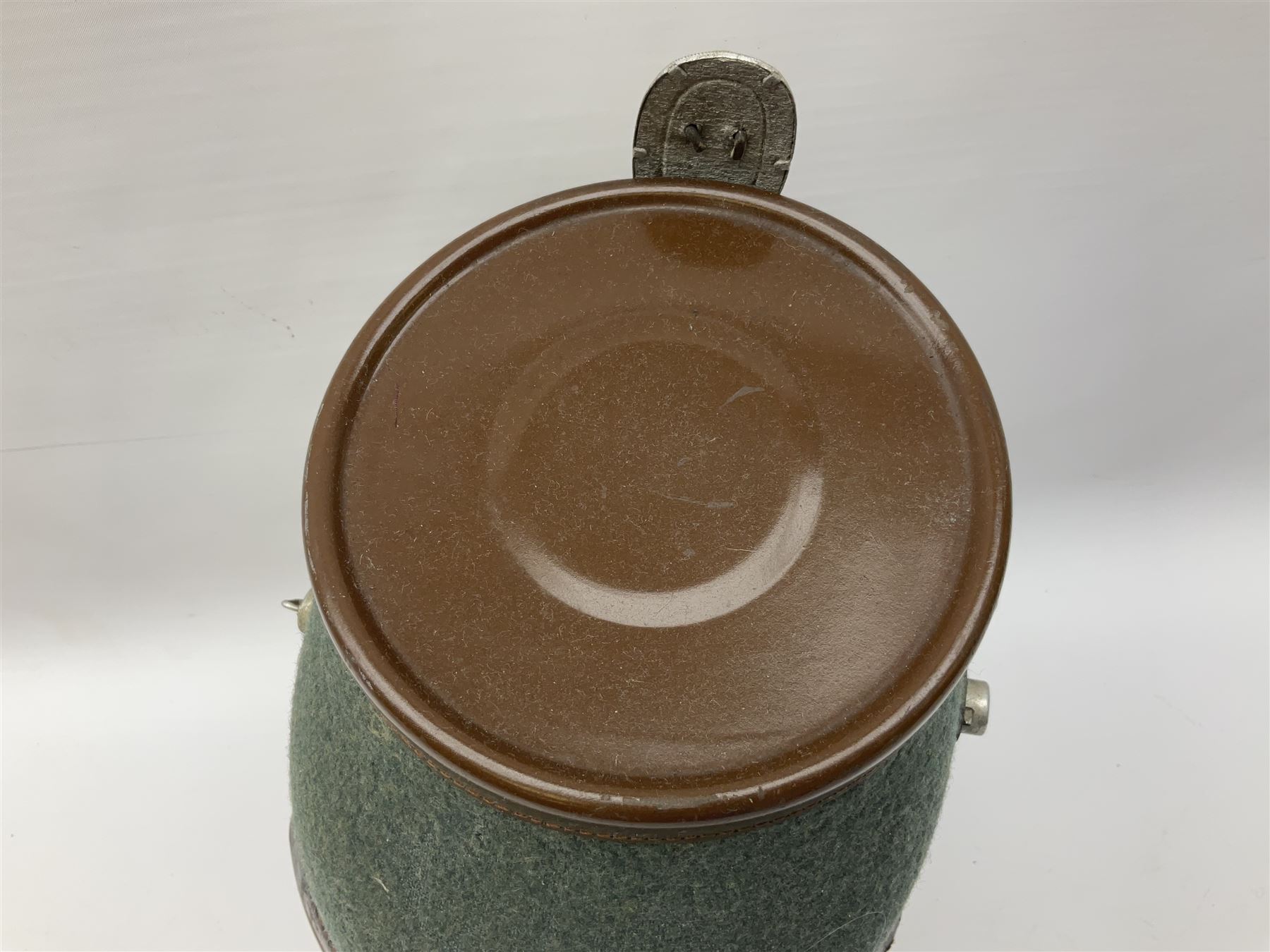 WW2 German rural police shako with helmet plate and liner; bears label 'Hans Romer Echt Fiber-Tschako Neu-Ulm (Donau)'