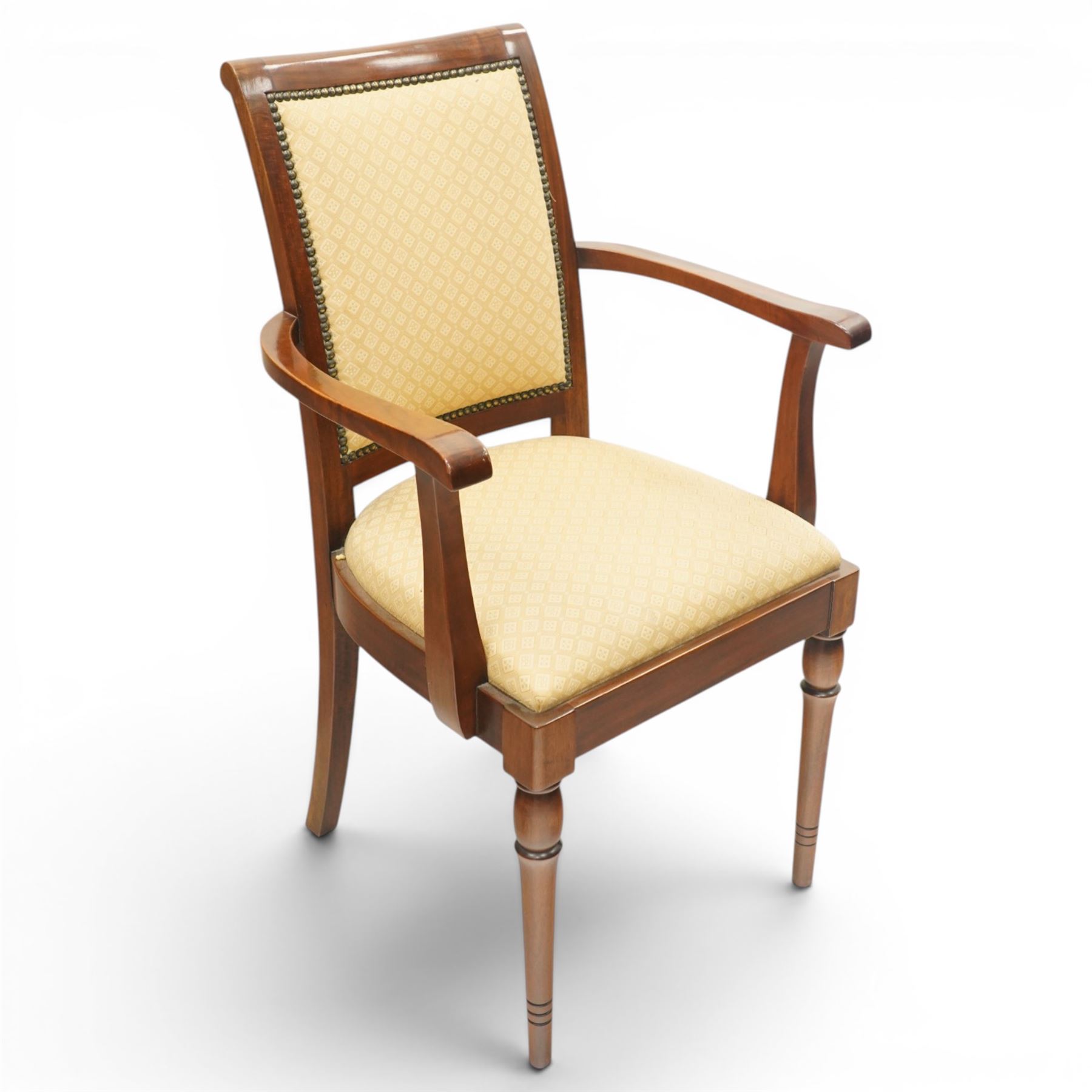 Georgian design mahogany twin pedestal extending dining table, rectangular rounded top on twin tripod pedestals with splayed supports, with additional leaf (W170cm D115cm H77cm); with set six (4+2) matching mahogany framed cameo-back dining chairs, upholstered in pale yellow lozenge patterned fabric (W57cm H94cm)