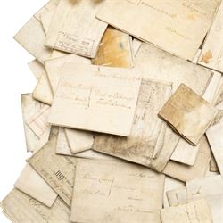 Yorkshire and miscellaneous deed interest - large collection of 18th and 19th century vellum indentures, wills, probate documents and property papers relating to wider Yorkshire towns and villages including Malton, Northallerton, Easingwold, Scarborough, the Humber, Barnsley, Ecclesfield, Great Leavening, Barton in the Willows, Flaxton and other areas, with documents concerning farmers, yeomen, tradesmen and landed families, many retaining wax seals and revenue stamps, together with a small quantity of non-Yorkshire and overseas-interest material including probate of Knobel Louis Benjamin du Gue, formerly of Brindisi, Italy, steam shipping agent, later of St Leonards-on-Sea, Sussex,  in one large box