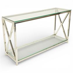 Modern chrome console table, rectangular plate glass top on polished chrome frame, the sides formed with X-frame stretchers, raised on square supports with lower glass tier 