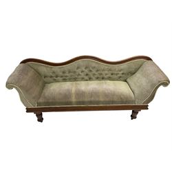 Victorian walnut settee, serpentine and moulded cresting rail, buttoned upholstery, scrolled arms and moulded frieze rail, on turned feet with castors