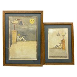 Ronald Fry (British Early 20th century): Storks Delivering Babies on Rooftop, pair cartoon pen and ink sketches signed and dated '36 max 25cm x 16cm (2)