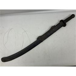 Chinese Boxer Rebellion Period Sword, 69.5cm heavy curved single edge blade with single narrow fuller, plain iron dished circular guard, iron pommel and ferrule with plaited cord bound grip; in skin covered wooden scabbard with iron chape and long suspension mount L95cm overall