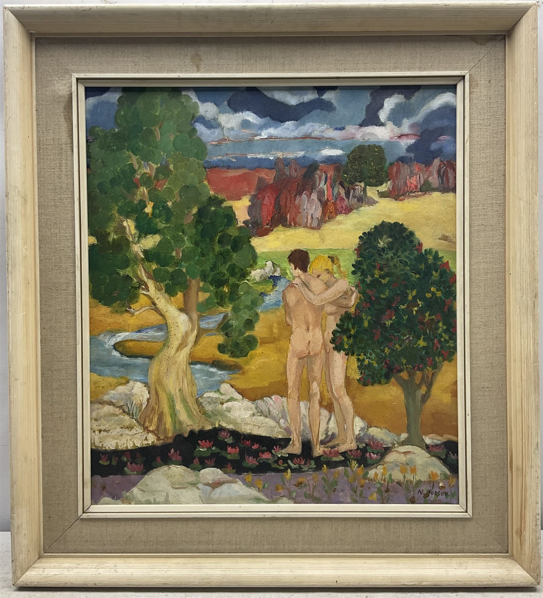 Attrib. Anna 'Nan' Hope Hudson (American 1889-1957): 'Expulsion', oil on board signed, titled on exhibition label verso 44cm x 39cm