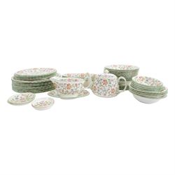 Minton Haddon Hall part dinner service, including teapot, nine dinner plates, nine soup bowls, two serving dishes, sauce boat and saucer etc in two boxes 