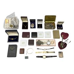 Silver including cased horn cheroot holder and pocket watch, both hallmarked together with a collection of coins, wristwatches and costume jewellery including a gold filled diamond pendant necklace etc