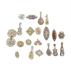Twenty eight micro mosaic brooches including a Pompei examples, in various shapes including musical instruments 