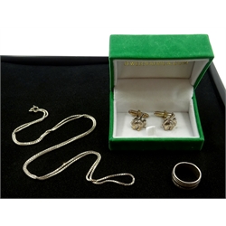  Pair silver elephant cufflinks, silver ring and chain necklace all stamped 925  