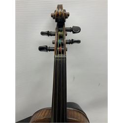 German Hopf violin c1900 with 35.5cm two-piece maple back impressed HOPF, maple ribs and spruce top, also marked HOPF internally L58.5cm overall; in Maidstone ebonised wooden coffin case with bow