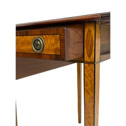 Mid-to-late 20th century Sheraton style satinwood Pembroke table, the drop leaf top with segmented veneers and central oval panel with ebony stringing, crossbanded in rosewood and with edge moulding, single short drawer to one end and faux drawer to other, square tapering supports