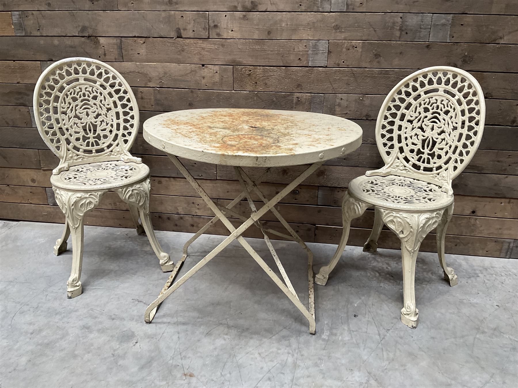 Circular cast aluminium garden table (D74cm, H68cm), and two chairs