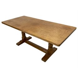 Mouseman - oak 6' refectory dining table, rectangular adzed and pegged top, two octagonal pillar supports on sledge feet joined by floor stretcher,  carved with mouse signature, by the workshop of Robert Thompson, Kilburn