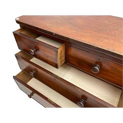 Victorian mahogany chest, fitted with two short over three long cock-beaded drawers with turned handles, on plinth base with compressed bun feet