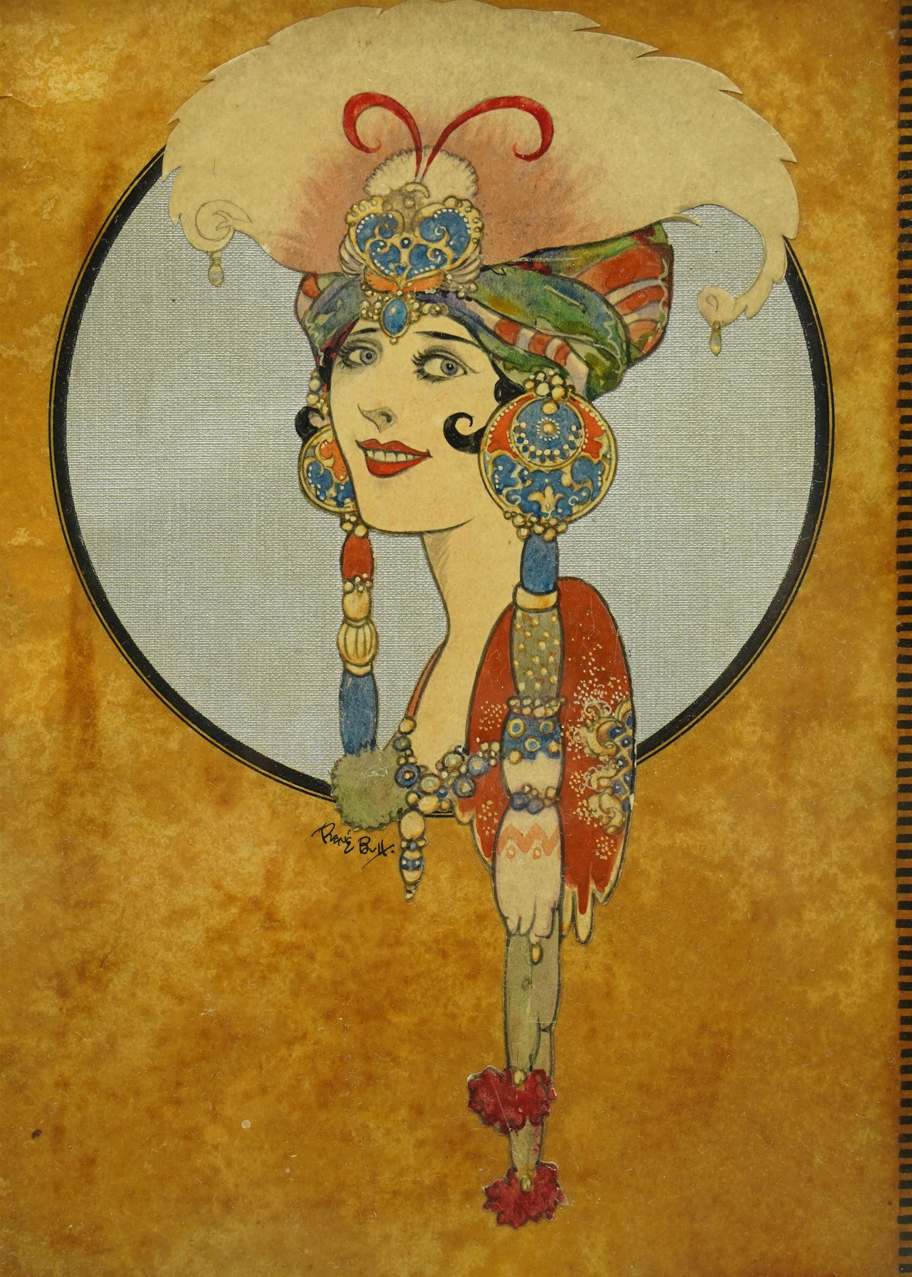 René Bull (Irish 1872-1942): Art Deco Portrait of a Flapper-Girl in Elaborate Headdress, mixed media on velum signed 30cm x 21cm