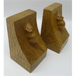  'Mouseman' pair adzed oak bookends by Robert Thompson of Kilburn, H15.5cm   