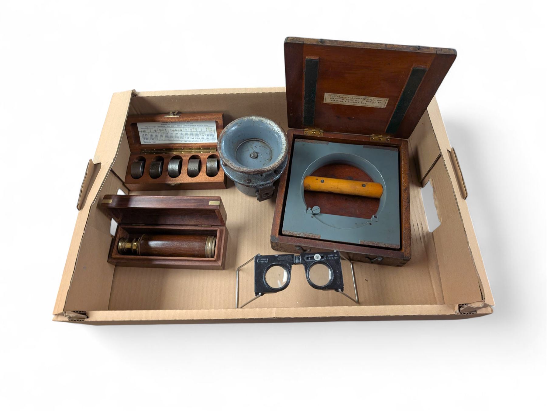Cooke, Troughton & Simms square level, klaxon horn, telescope, casella glasses, etc