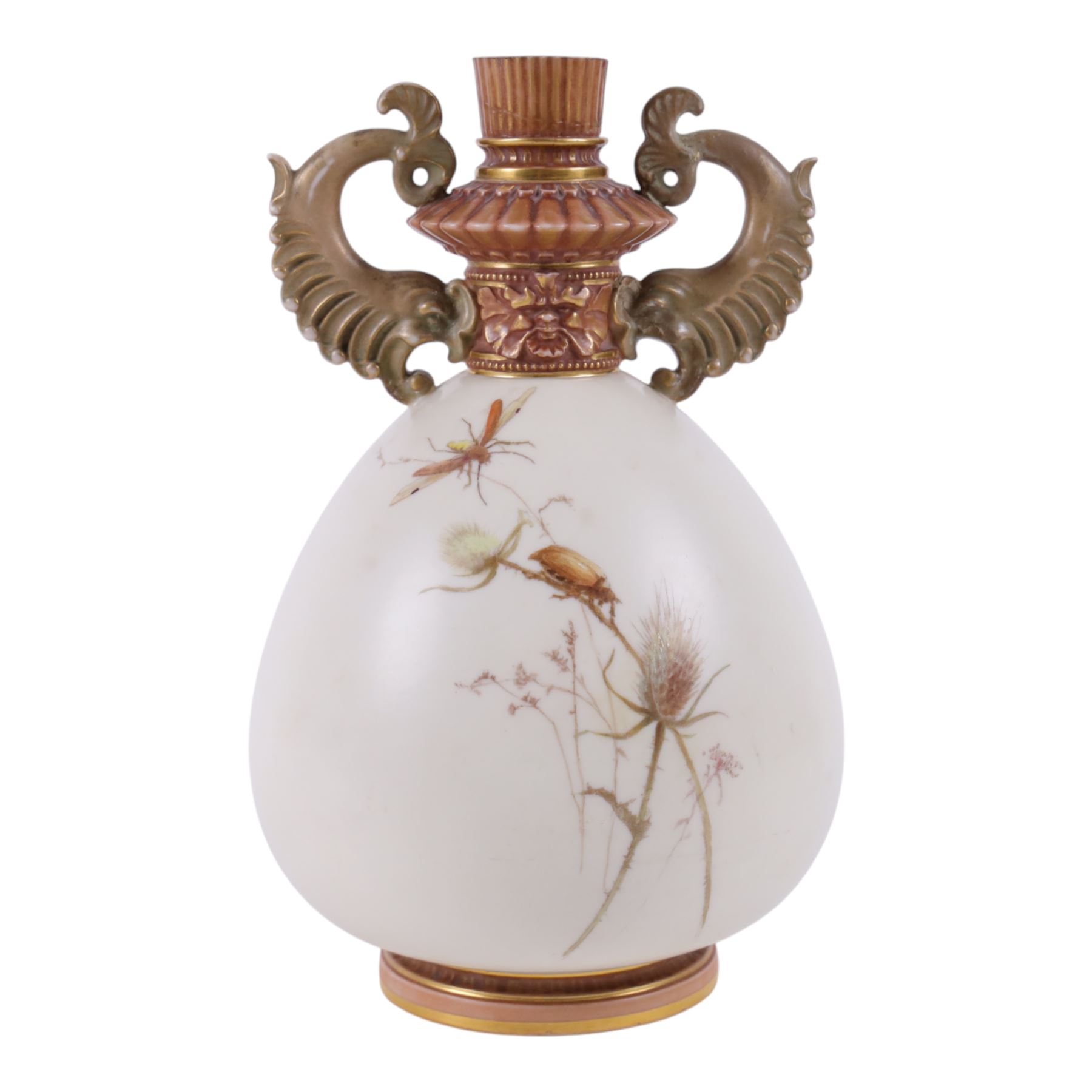 Royal Worcester blush Ivory vase, decorated with butterfly and insects amongst wild flowers, dolphin handles, puce mark beneath and numbered RN14303 and 1327, H23cm 