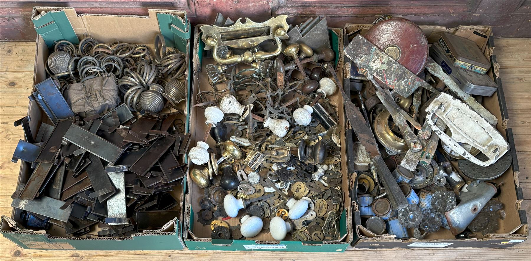 Three boxes of mixed vintage hardware and accessories, to include early 20th century gilt brass beehive curtain pole finials, curtain pole rings, door handles, escutcheons, letter box door knockers, Victorian glass drawer pulls etc.  - COLLECTION BY APPOINTMENT FROM: The White House, Thirsk Road, Easingwold, York, YO61 3NF - CALL 01723 507111 TO ARRANGE