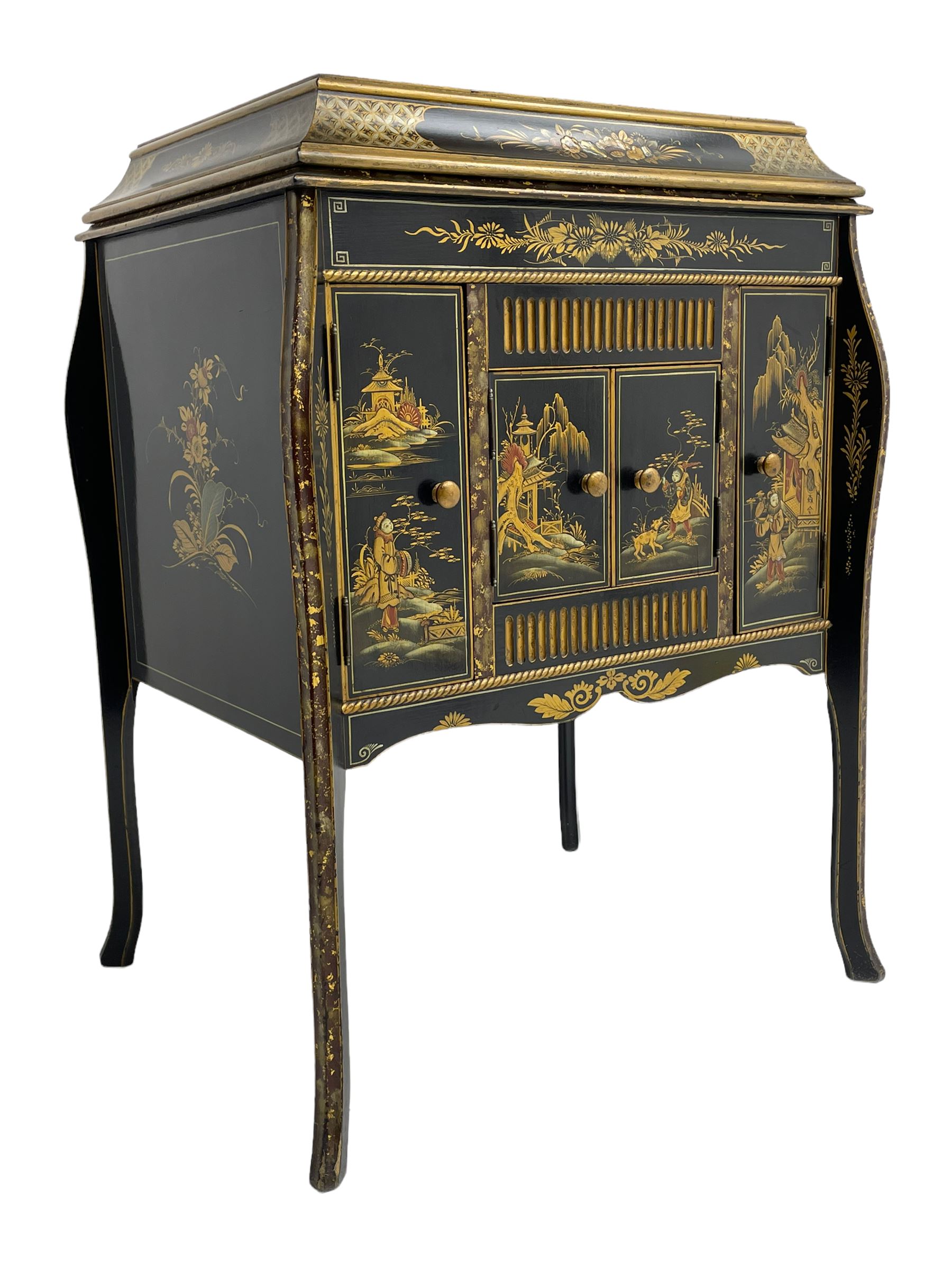 Early 20th century Chinoiserie lacquered gramophone cabinet, the lid decorated with raised gilt work, traditional landscape and figural scenes, fitted with 'Apollo' 'No. 114' gramophone, cupboards below, on cabriole supports