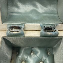 19th century French souvenir jewellery casket in the form of a bathing machine, having mother of pearl panelled tiled effect body, hinged roof/cover revealing a blue silk fitted interior with cushioned base, two silvered metal wheels, abalone shell door and mother of pearl steps, inscribed 'Berck Plage' in blue, H12cm, W13cm 