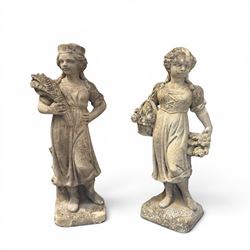 Lucas Stone - pair of cast stone garden figures, modelled as young female figures holding ...