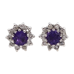 Pair of 9ct gold amethyst and diamond cluster stud earrings