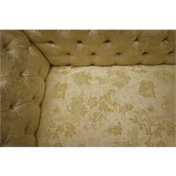  Chaise longue upholstered in oriental Damask fabric cover, on cabriole supports, L153  