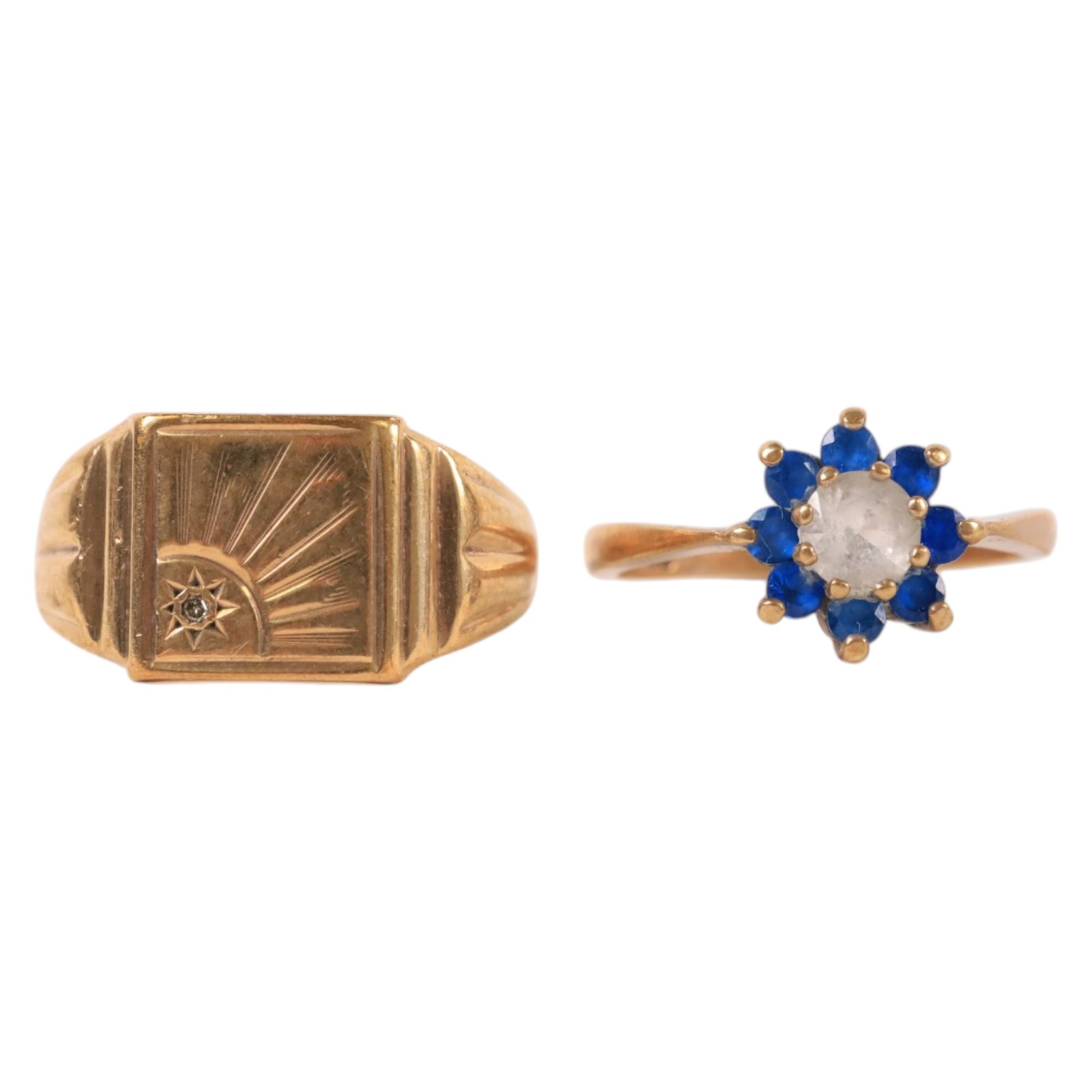 Two 9ct gold rings, including diamond set signet ring and a paste flower ring, both hallmarked