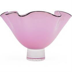 Gillies Jones of Rosedale pink glass vase with crimped black rim on a short pedestal foot, signature to base D15cm H10cm