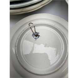 A large collection of modern transfer printed Delft ware, to include large baluster vase, H42cm, two jars and covers, largest H40cm, pair of tapering cylindrical vases, H31cm, and a number of plates of various size and design. 