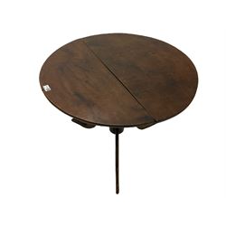 18th century oak tripod table, circular tilt top with wooden latch, on turned column with three splayed supports