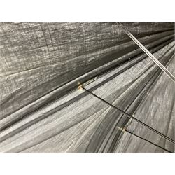 Early 20th century curved horn handle walking stick with hallmarked silver mounts, engraved L Russell 1918, together with a shooting stick by William Mills Birmingham, with leather handle, 'The Featherwaite' shooting stick and an umbrella with wooden handle