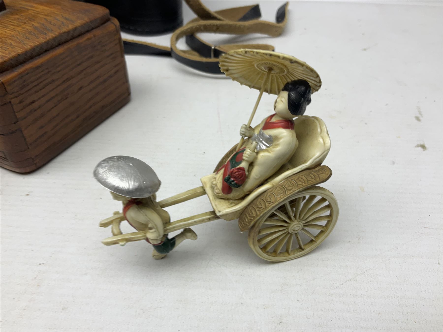 Three pairs of binoculars to include Enbeeco Concord and Bresser, Palestine police patch, framed pictures etc