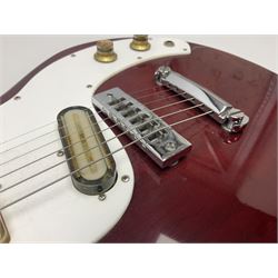 Gibson Marauder style six-string electric guitar with cherry coloured body, marked made in Japan L101cm; in locking hard carrying case