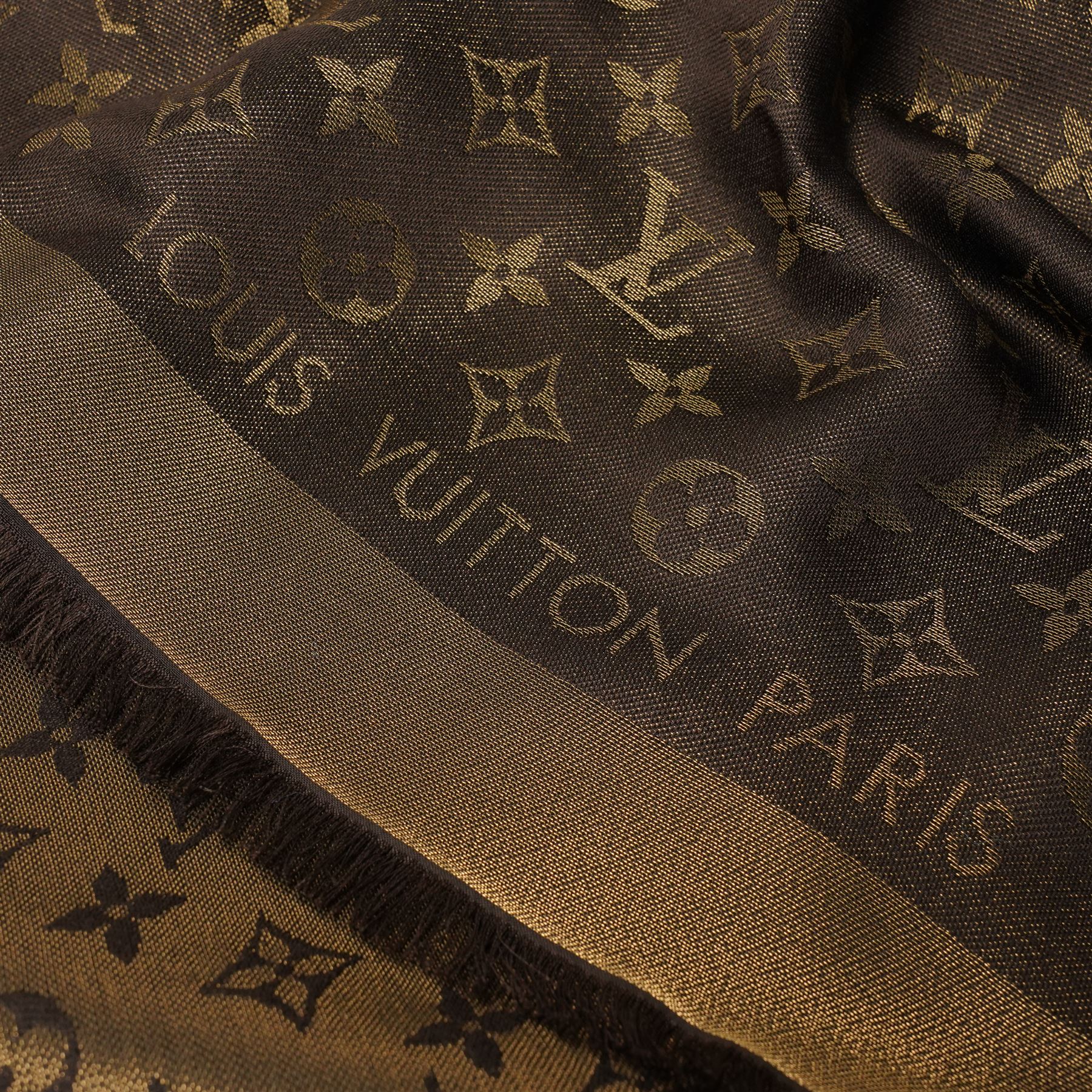 Louis Vuitton – a monogram silk and wool blend shawl in brown and gold, with fringe, 140cm x 140cm, unused with original box