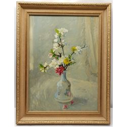Continental School (Mid 20th century): Still Life of Flowers, oil on canvas indistinctly signed and dated '58, with image verso 58cm x 42cm