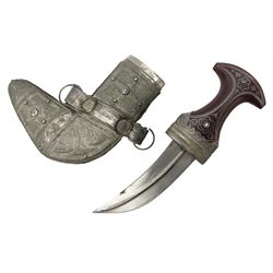 Omani Khanjar dagger, the 12.5cm curved blade with pronounced medial rib to either side, waisted horn style hilt with dome shaped pommel and inlaid pique work; in an intricately filigree decorated white metal scabbard with rings woven into the belt mount L25cm overall