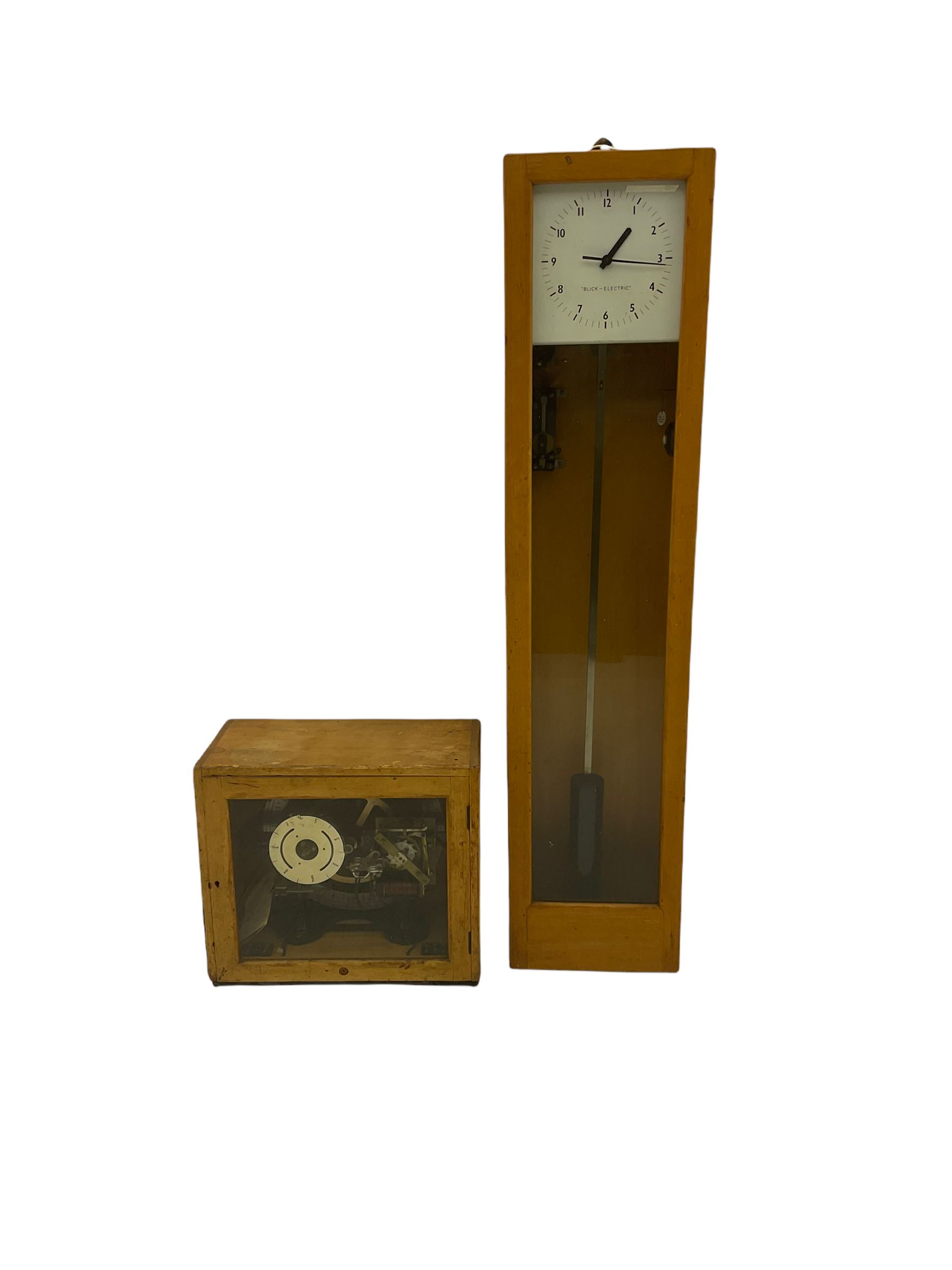A mid-20th century Gent of Leicester(Blick Electric) Pulsynetic Master Clock in a full length glazed wooden case, with a square white dial with Arabic numerals, minute markers and baton hands, with pendulum and a record card dating from the 1970’s. 
This master clock would have been wired to send time signals to other slave dials in a large building, frequently used in hospitals, schools and factories during the 20th century
With a second electrical movement housed in a glazed square cabinet.


