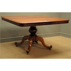  19th century mahogany breakfast table, square moulded tilt top, faceted baluster on four splayed supports, 120cm x 120cm, H75cm  