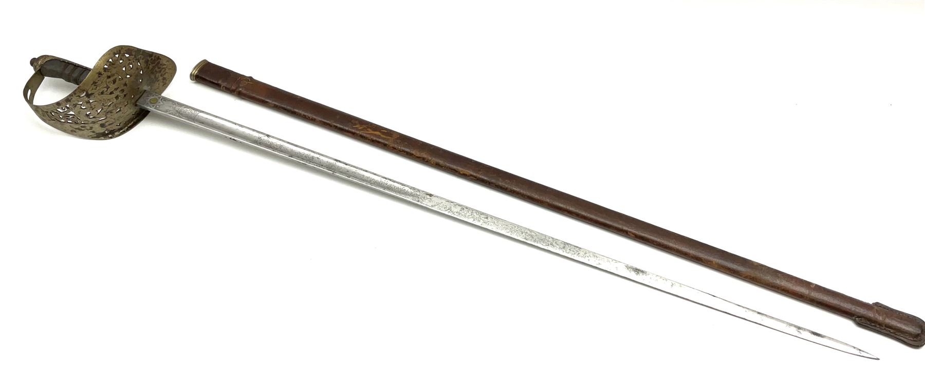 George V 1897 pattern army officer's sword the 82.5cm etched blade by Flights Ltd London, Winchester, Aldershot & Camberley, nickel plated pierced hilt and wire bound fish-skin grip, in leather scabbard, L101cm overall