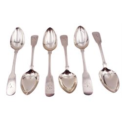 Set of six George III silver Fiddle pattern teaspoons, all engraved G to terminal, hallmarked Francis Somerville II, Newcastle 1827