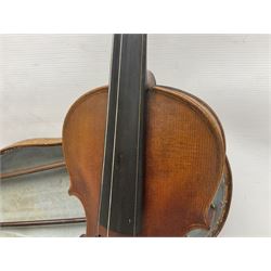 Mid-19th century German violin with 36cm two-piece maple back and ribs and spruce top, bears label 'Riccardo Antoniazzi Cremonese fece in Milano l'anno 1896' L59.5cm overall; in walnut case with two part bows