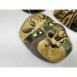 Five Japanese theatre / opera masks, the papier-mâché traditionally painted in the Noh Kabuki style, L18cm