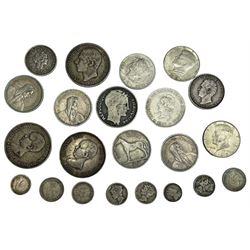 World silver coins, including three Spanish five pesetas dated 1883, 1888 and 1891, three Swiss five franc coins dated 1932, 1935 and 1939, two United States of America 1967 Kennedy half dollars etc, overall weight approximately 245 grams