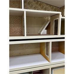 Swedish Lundby four-storey dolls house and garage, with an assortment of dolls house furniture and accessories, dolls house H84cm